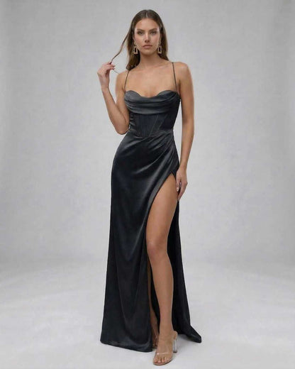 Luna Maxi Dress by Lauven — Sleek black satin gown with high slit and modern structured bodice.