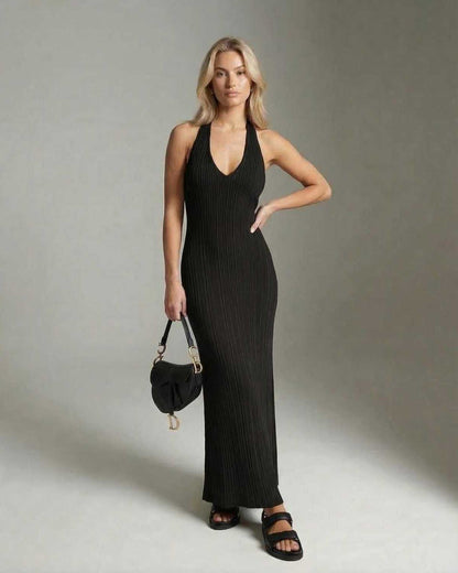 Luna Maxi Dress by Lauven, sleek ribbed black dress with a V-neckline and sleeveless design.