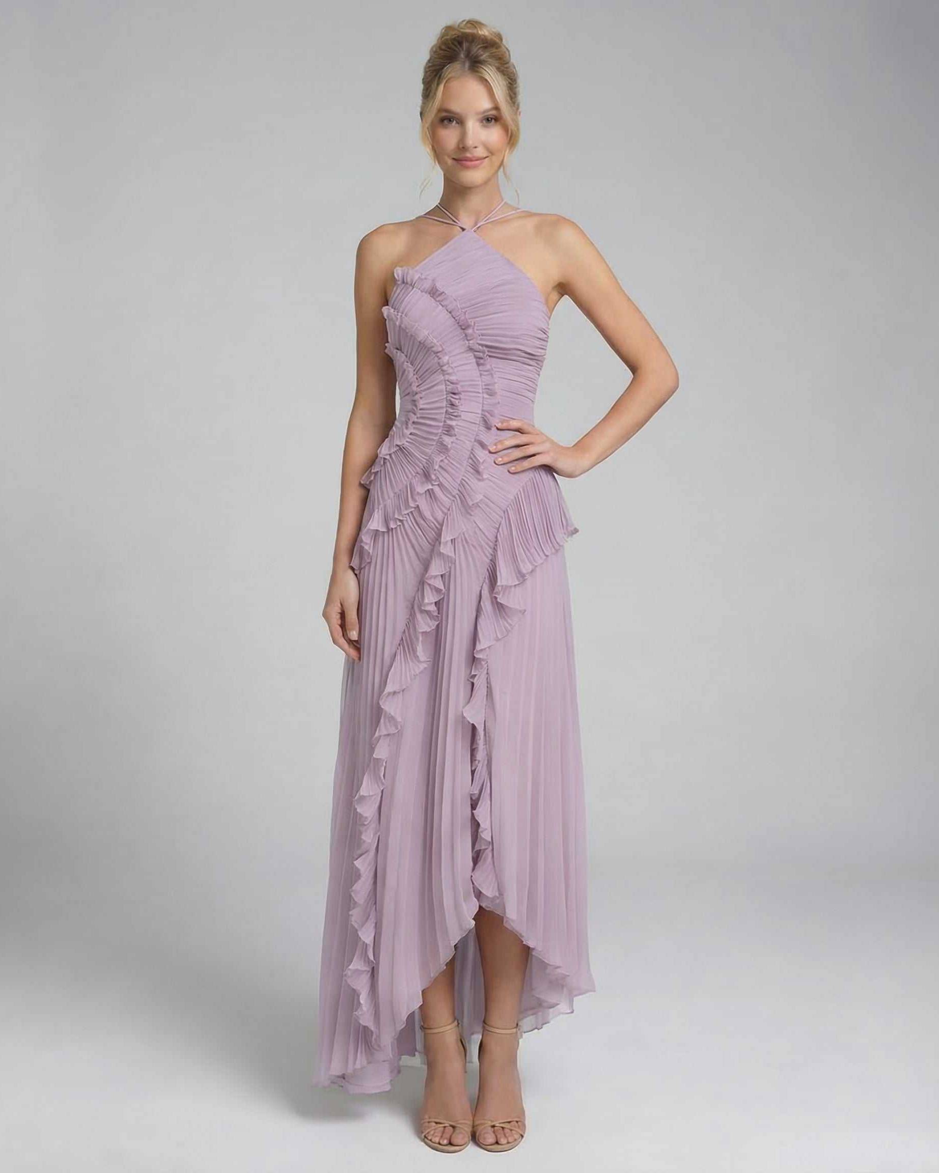 Luna Maxi Dress by Lauven in soft lavender with pleated halter neck and ruffle details, showcasing a graceful silhouette.