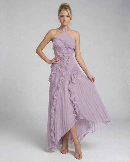 Luna Maxi Dress by Lauven in soft lavender with ruffles and pleats, featuring a halter neck design.