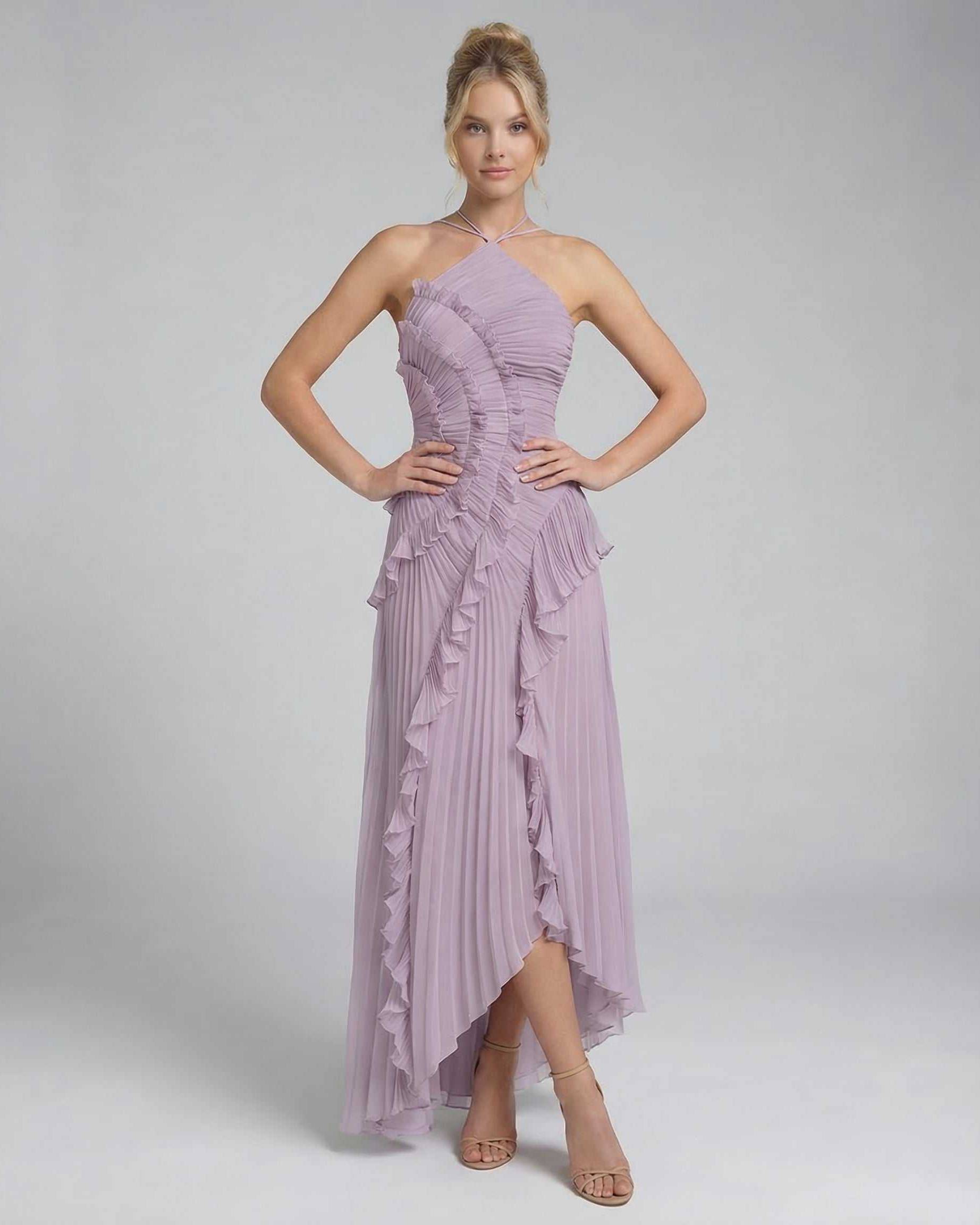 Luna Maxi Dress by Lauven in soft lavender, featuring pleated chiffon and ruffles for an elegant look.