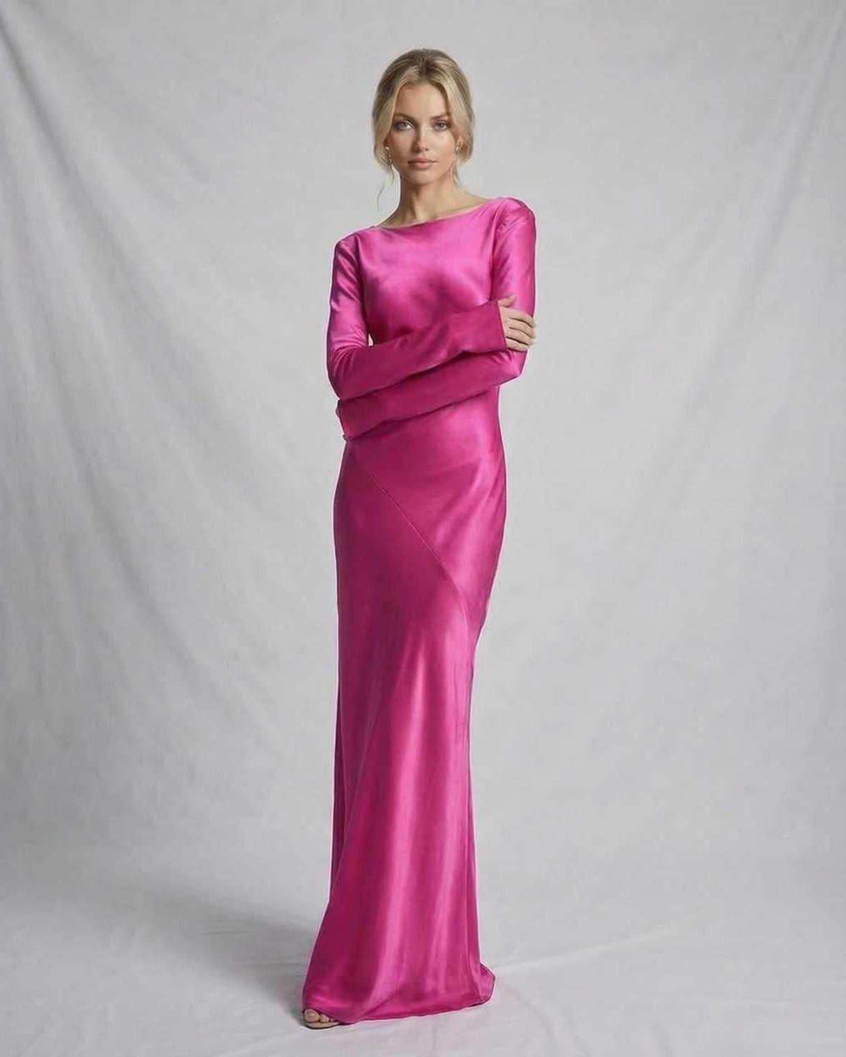 Luna Maxi Dress by Lauven in vibrant pink satin, showcasing a slim fit and elegant ankle-length design.