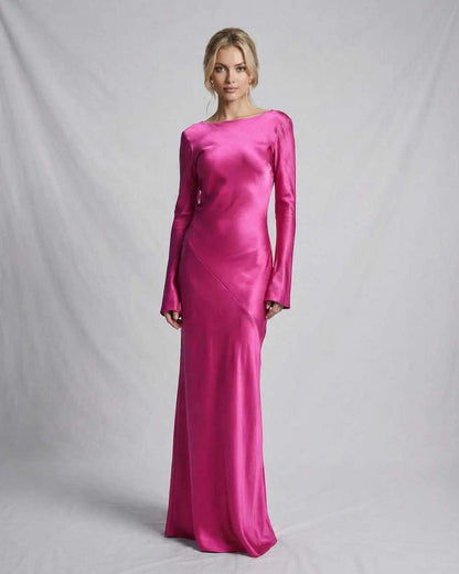 Luna Maxi Dress by Lauven in vibrant pink satin, showcasing elegant silhouette and modern design.