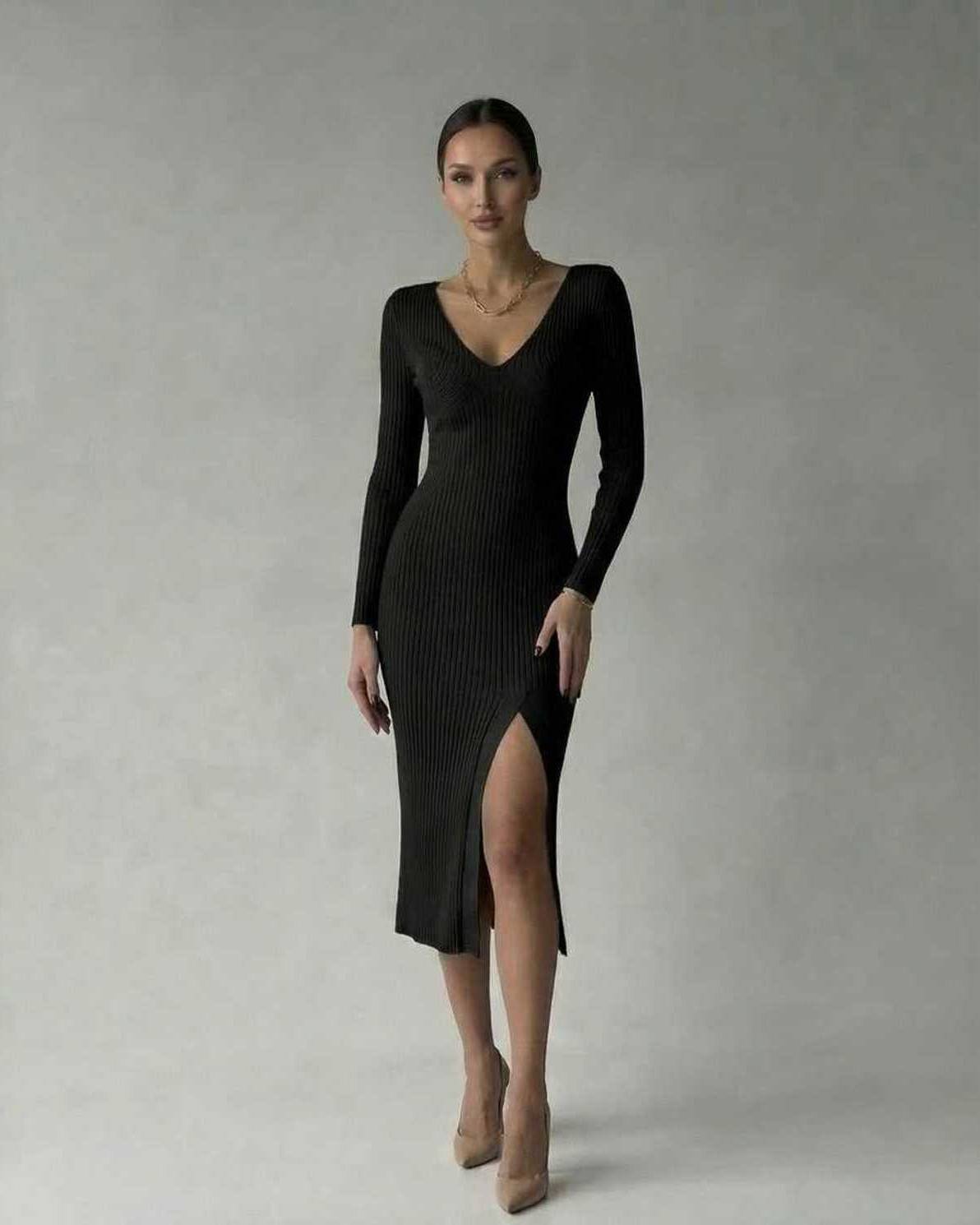 Luna Midi Dress by Lauven - Elegant ribbed black V-neck pencil dress with a high slit and flattering fit.
