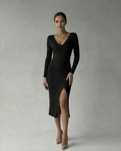 Luna Midi Dress by Lauven - Elegant ribbed black V-neck pencil dress with a high slit and flattering fit.