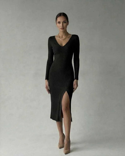 Lauven Luna Midi Dress in black, ribbed knit V-neck design, featuring a thigh-high slit for a sophisticated look.