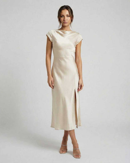 Luna Midi Dress - Classic satin with twisted-back, cutout detail, elegant fit by Lauven.