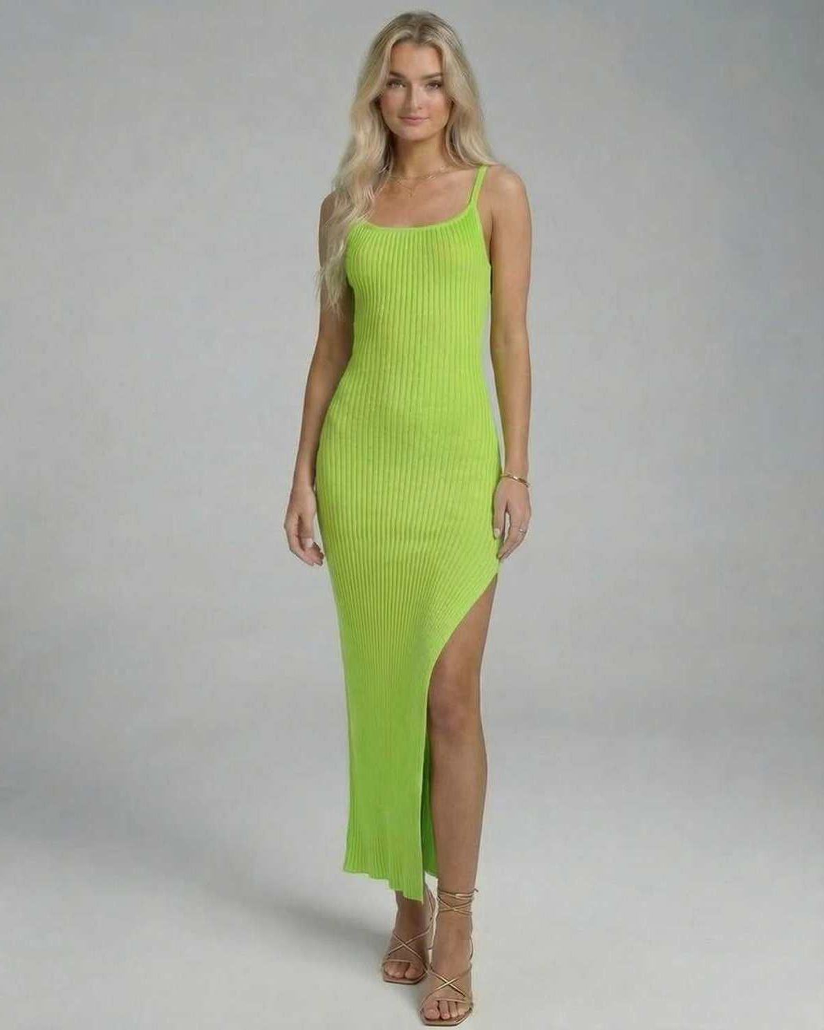 Luna Midi Dress by Lauven, vibrant lime knitted dress with high slit, perfect for summer, highlighting curves.