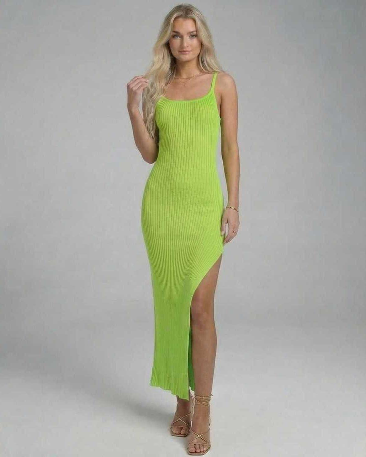 Luna Midi Dress by Lauven in vibrant lime, sleek knitted design with high slit, perfect for a bold summer look.