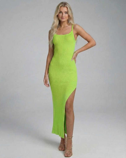 Luna Midi Dress by Lauven in vibrant lime color, showcasing a sleek knitted design with high slit for a bold summer statement.