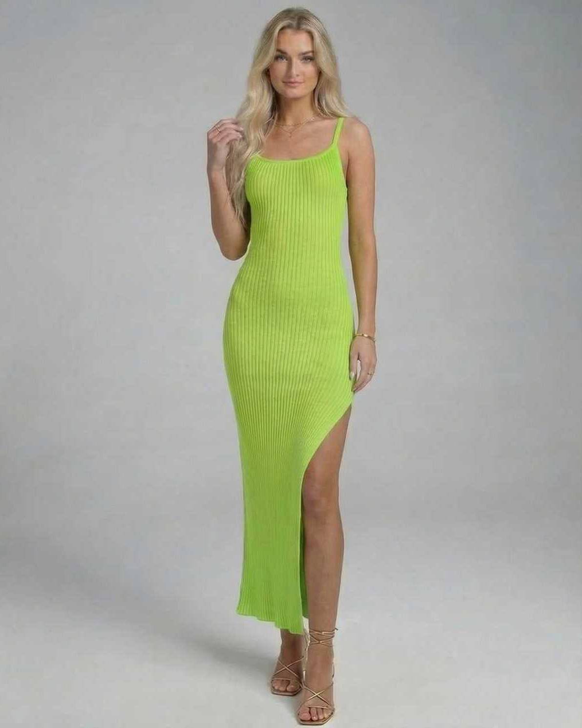Luna Midi Dress by Lauven, vibrant lime knitted dress with high slit, perfect for summer styling.