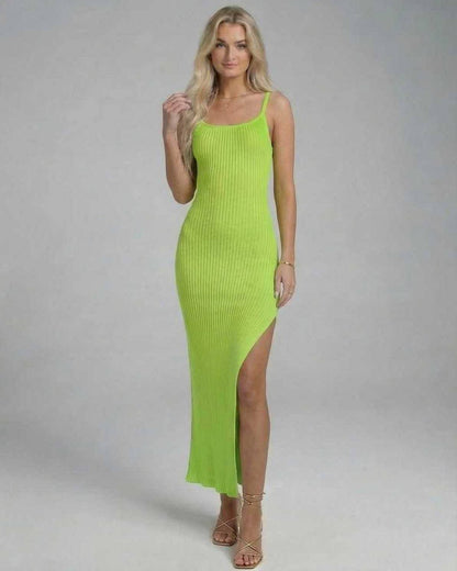 Luna Midi Dress by Lauven, vibrant lime knitted dress with high slit, perfect for summer styling.