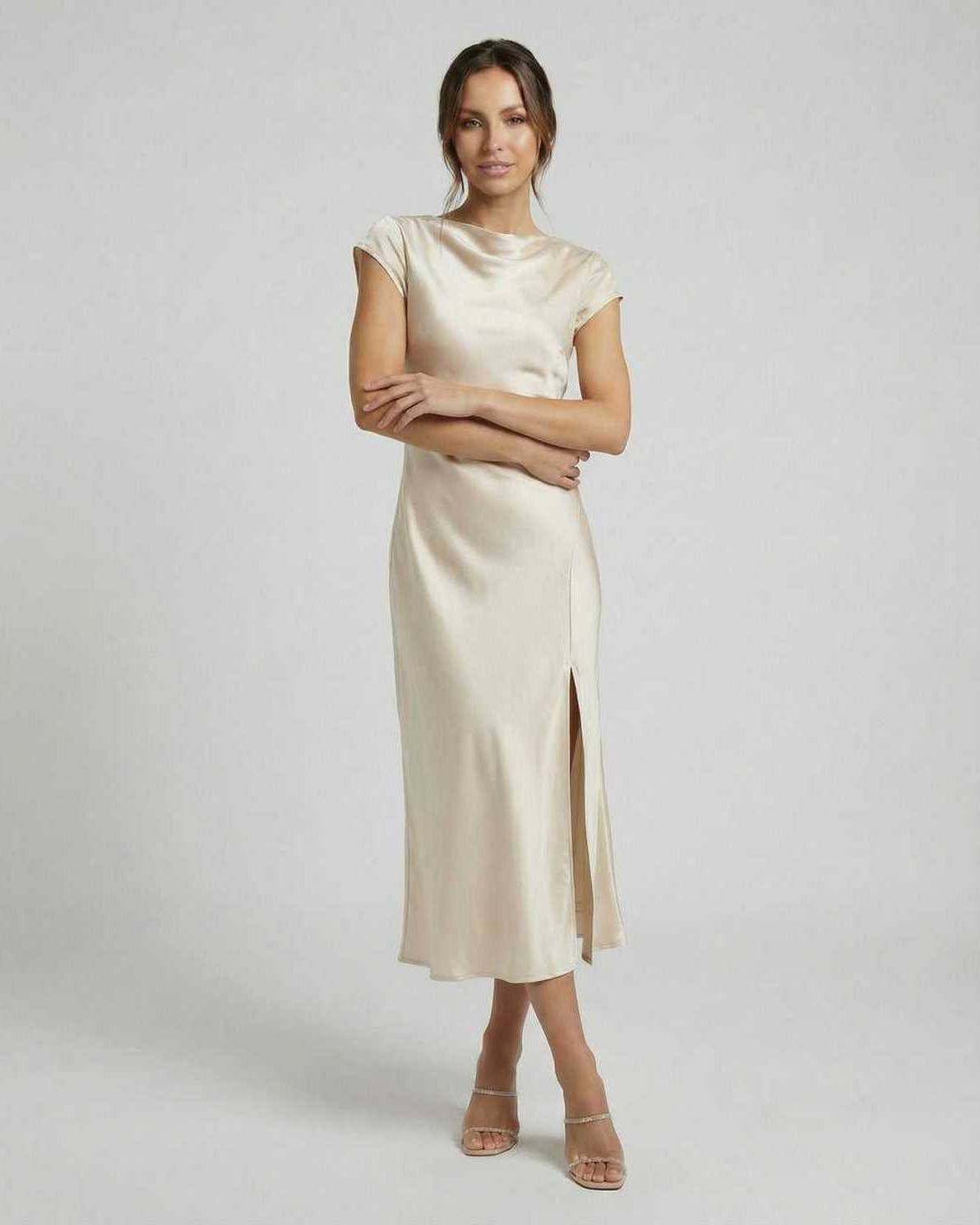 Luna Midi Dress by Lauven, classic satin with twisted-back, cutout detail, stylish and elegant.