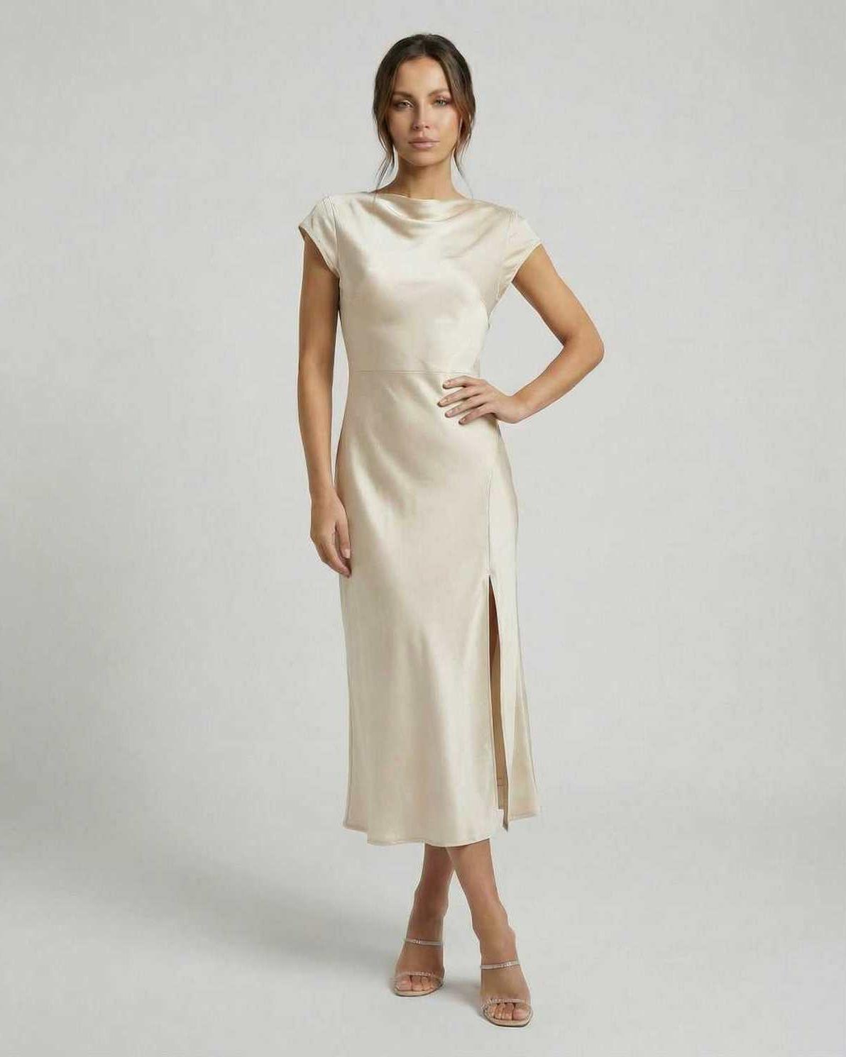 Luna Midi Dress by Lauven, satin fabric with twisted back, elegant ivory color, perfect for formal events.