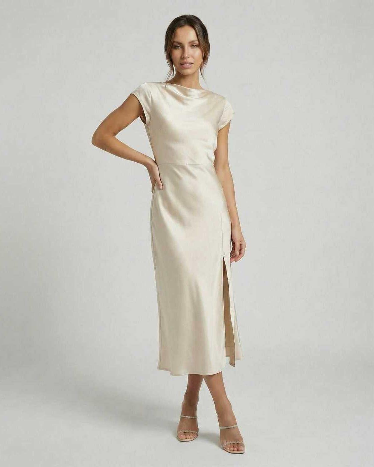 Luna Midi Dress in soft ivory satin featuring a twisted-back, cutout detail, designed by Lauven for timeless elegance.