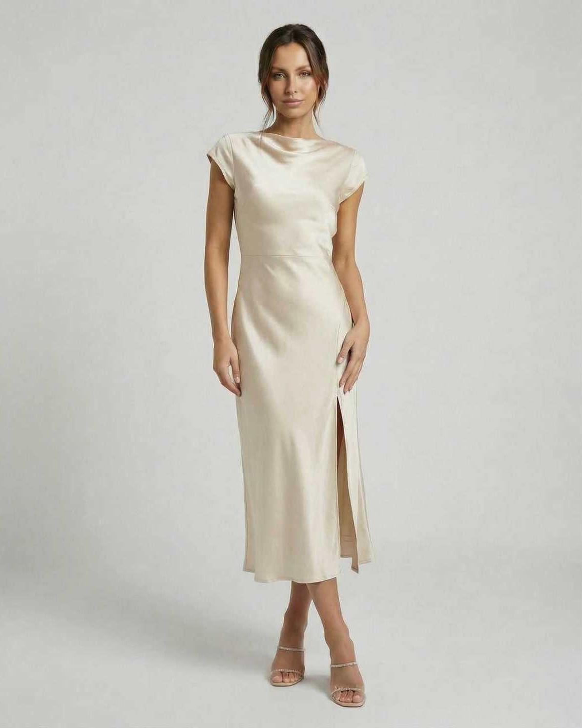 Luna Midi Dress by Lauven, classic satin dress with twisted-back detail, cowl neckline, and soft ivory hue for timeless elegance.
