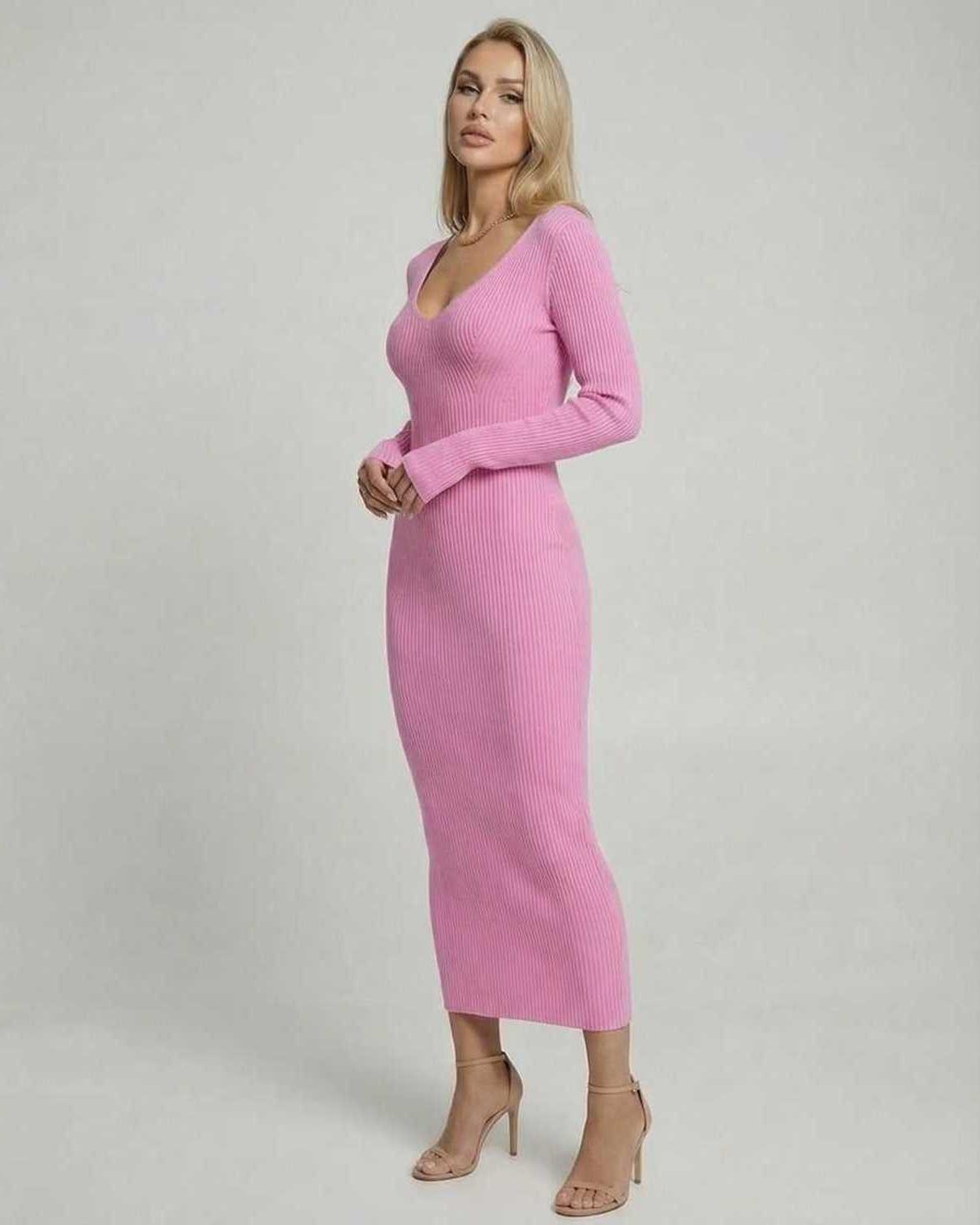 Luna Midi Dress by Lauven - Soft pink ribbed V-neck knit dress for a sleek silhouette and comfort.