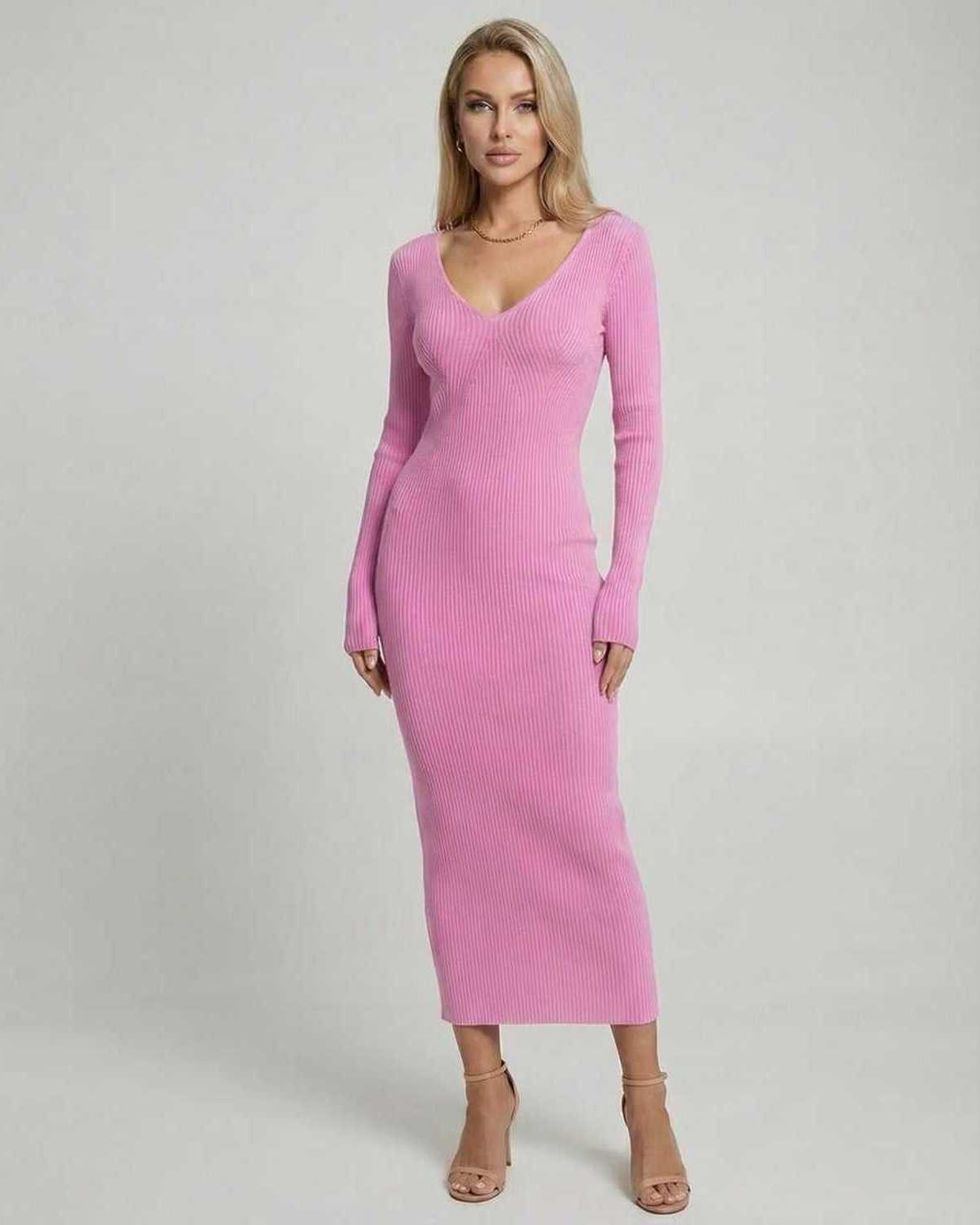 Luna Midi Dress by Lauven in soft pink ribbed knit, featuring a V-neckline and sleek silhouette.