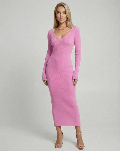 Luna Midi Dress by Lauven in soft pink ribbed knit, featuring a V-neckline and sleek silhouette.