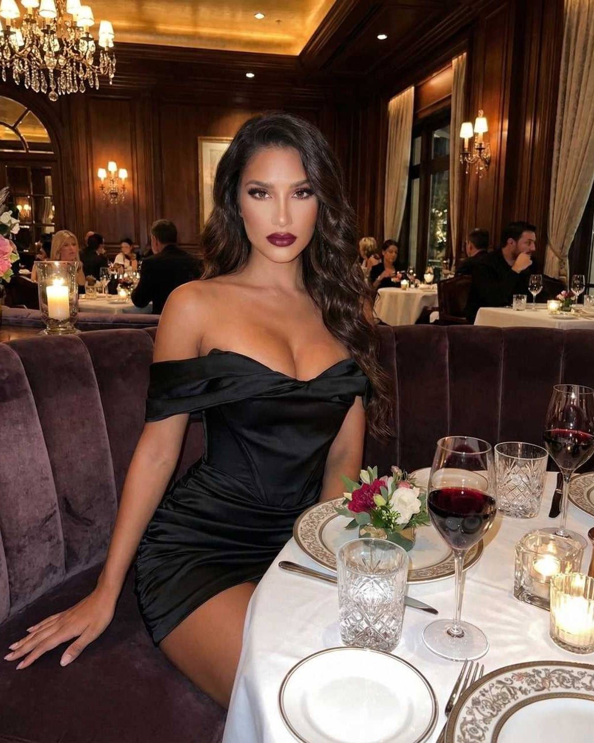 Lauven Luna Mini Dress - Sleek Black Satin Off-Shoulder Dress with elegant draped detailing and ruched skirt.