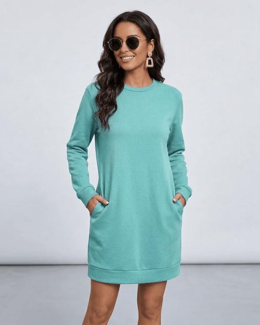 Luna Mini Dress by Lauven in aqua with long sleeves and pockets, perfect for casual style.