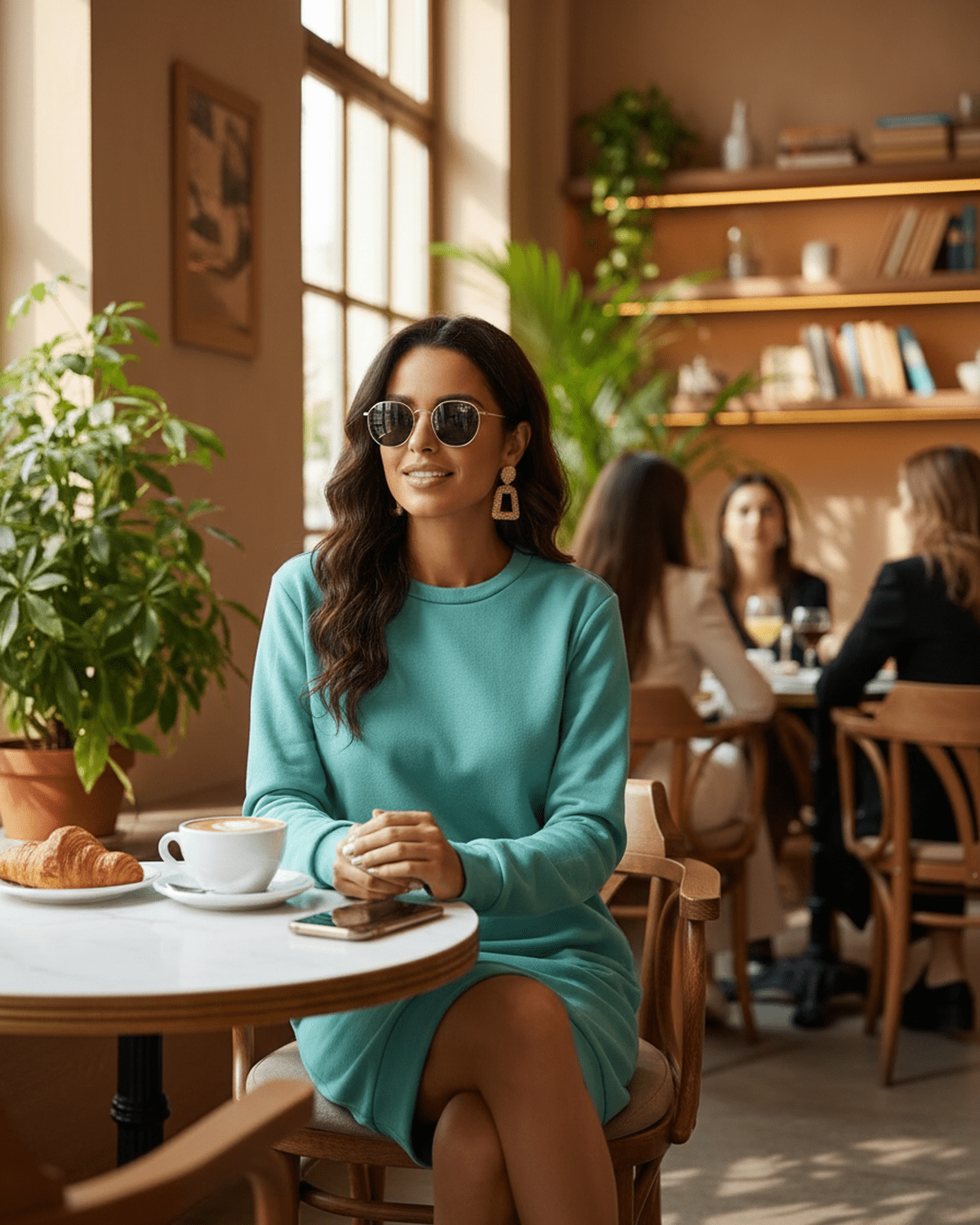 Woman in a Luna Mini Dress by Lauven, seated at a café, enjoying coffee and a croissant, wearing sunglasses.