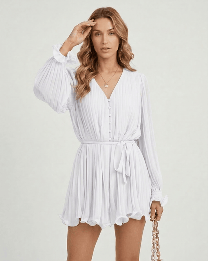 Luna Mini Dress by Lauven in classic white pleated chiffon with elegant details, featuring a flowing silhouette.