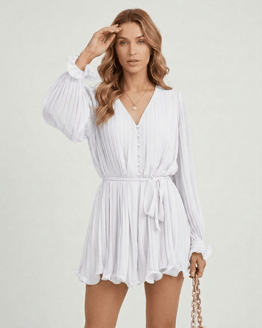 Luna Mini Dress by Lauven in classic white pleated chiffon with elegant details, featuring a flowing silhouette.