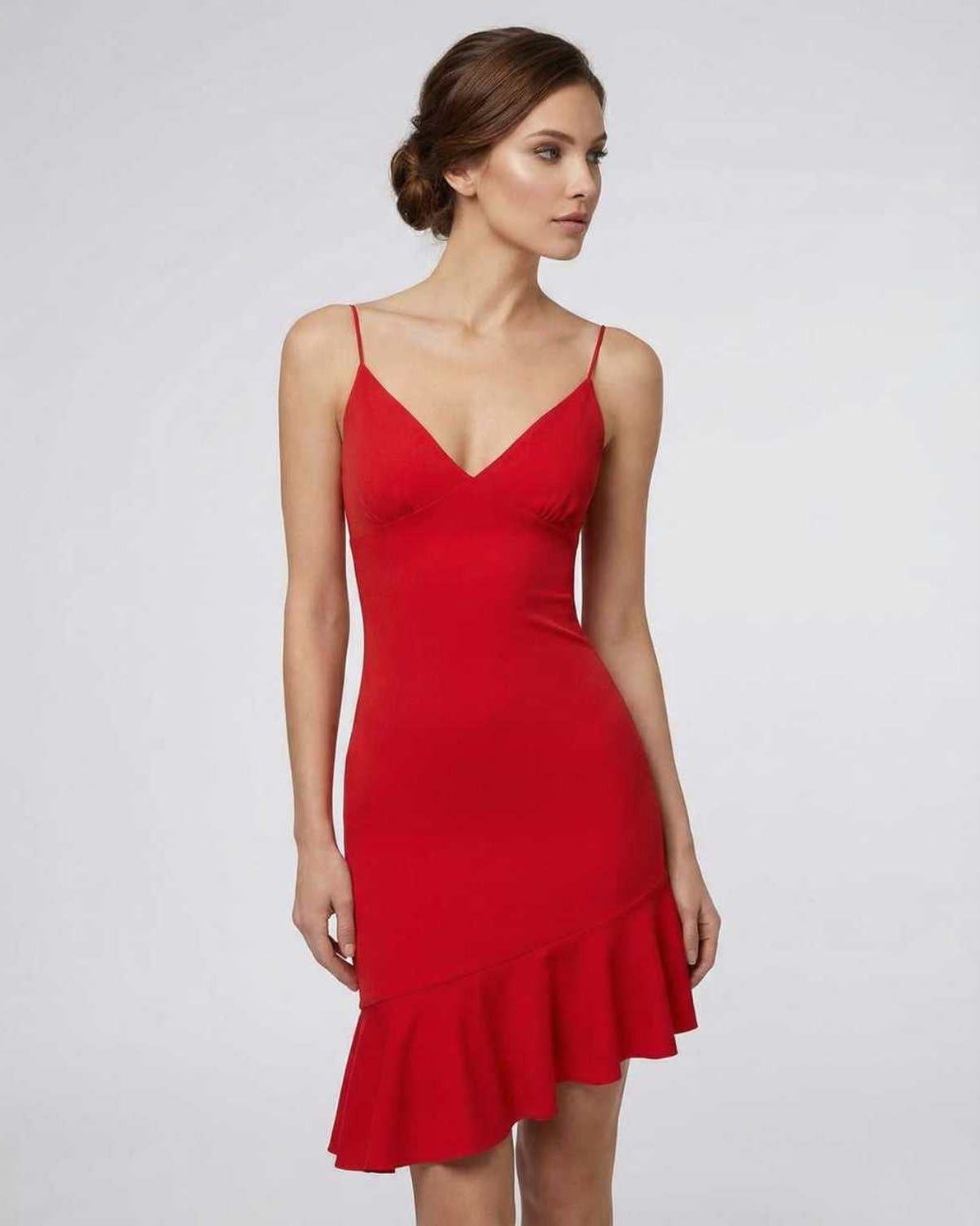 Luna Mini Dress by Lauven in vibrant red featuring A-line silhouette and ruffle detail for an elegant look.