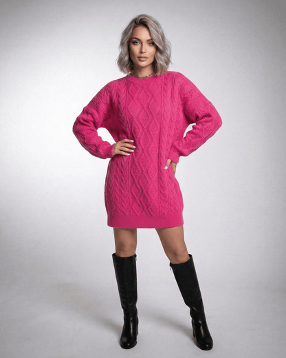 Lauven Luna Mini Dress in vibrant pink cable knit with long sleeves and ribbed trim, perfect for a modern look.