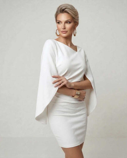 Luna Mini Dress by Lauven featuring cloak sleeves and a sheath silhouette in white fabric, perfect for parties.