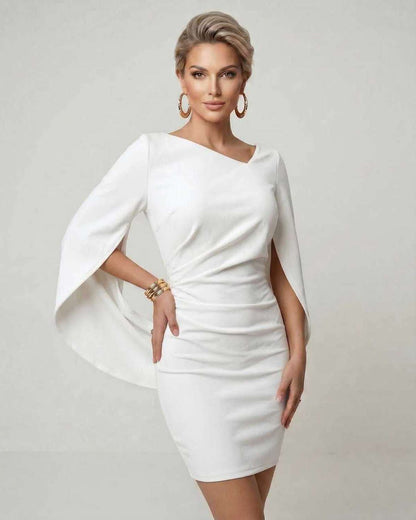 Luna Mini Dress by Lauven, featuring a white cloak sleeve and sheath silhouette, perfect for parties.