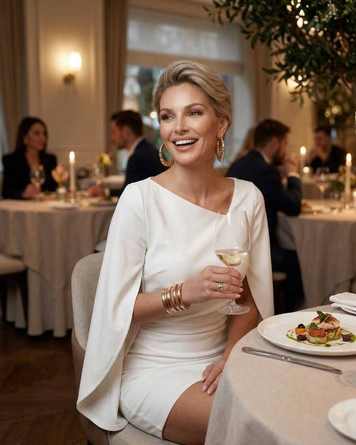 Luna Mini Dress from Lauven featuring cloak sleeves, worn by a woman at a fine dining event.
