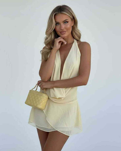 Luna Mini Dress by Lauven featuring a yellow chiffon draped silhouette and a delicate umbrella skirt.