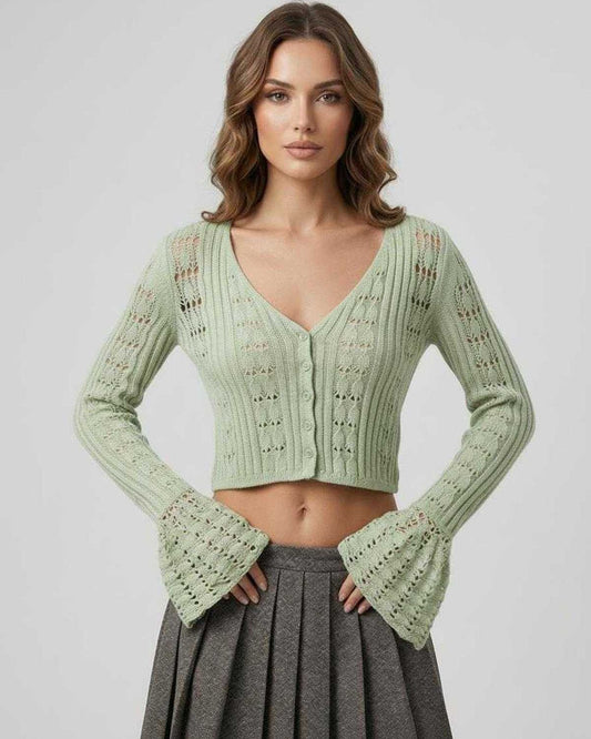 Lunara Cardigan in soft green with cropped silhouette, V-neckline, and refined openwork knit by Lauven.