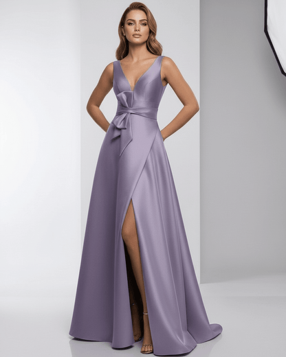 Lunara Maxi Dress in lavender satin, featuring A-line silhouette and V-neck, elegant for evening occasions by Lauven.