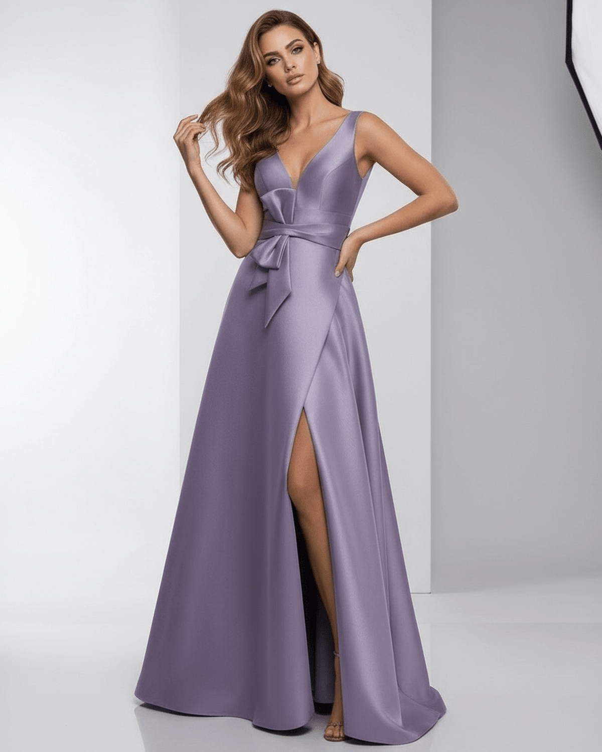 Lunara Maxi Dress - Lavender satin A-line, V-neck, floor-length evening gown by Lauven, exuding elegance and grace.