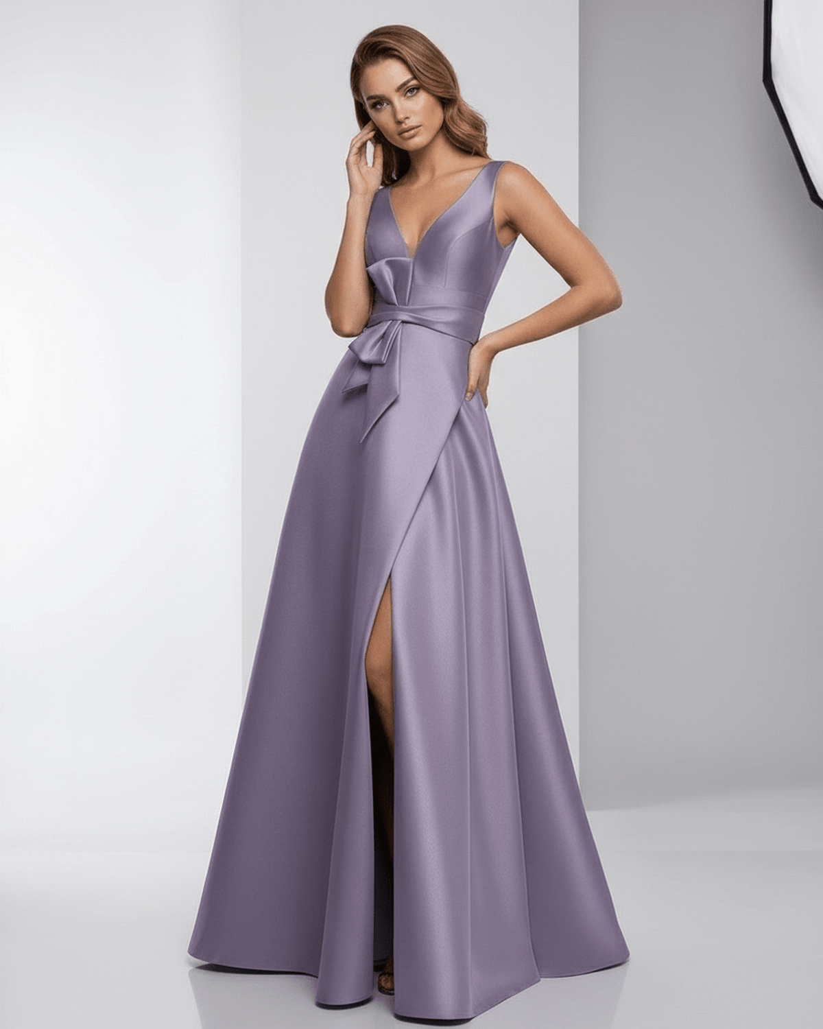 Lunara Maxi Dress - Elegant lavender satin A-Line dress with V-neck and bow detail by Lauven.