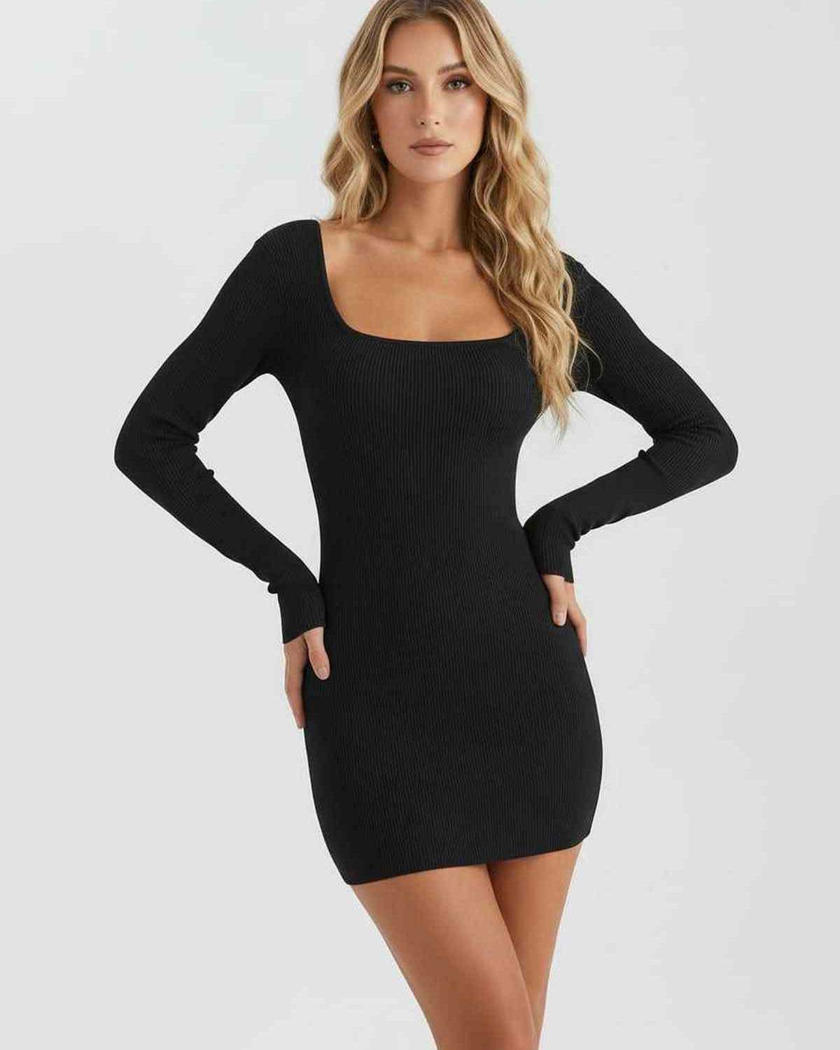 Lunara Mini Dress features a sleek black ribbed knit design with long sleeves and a square neckline by Lauven.