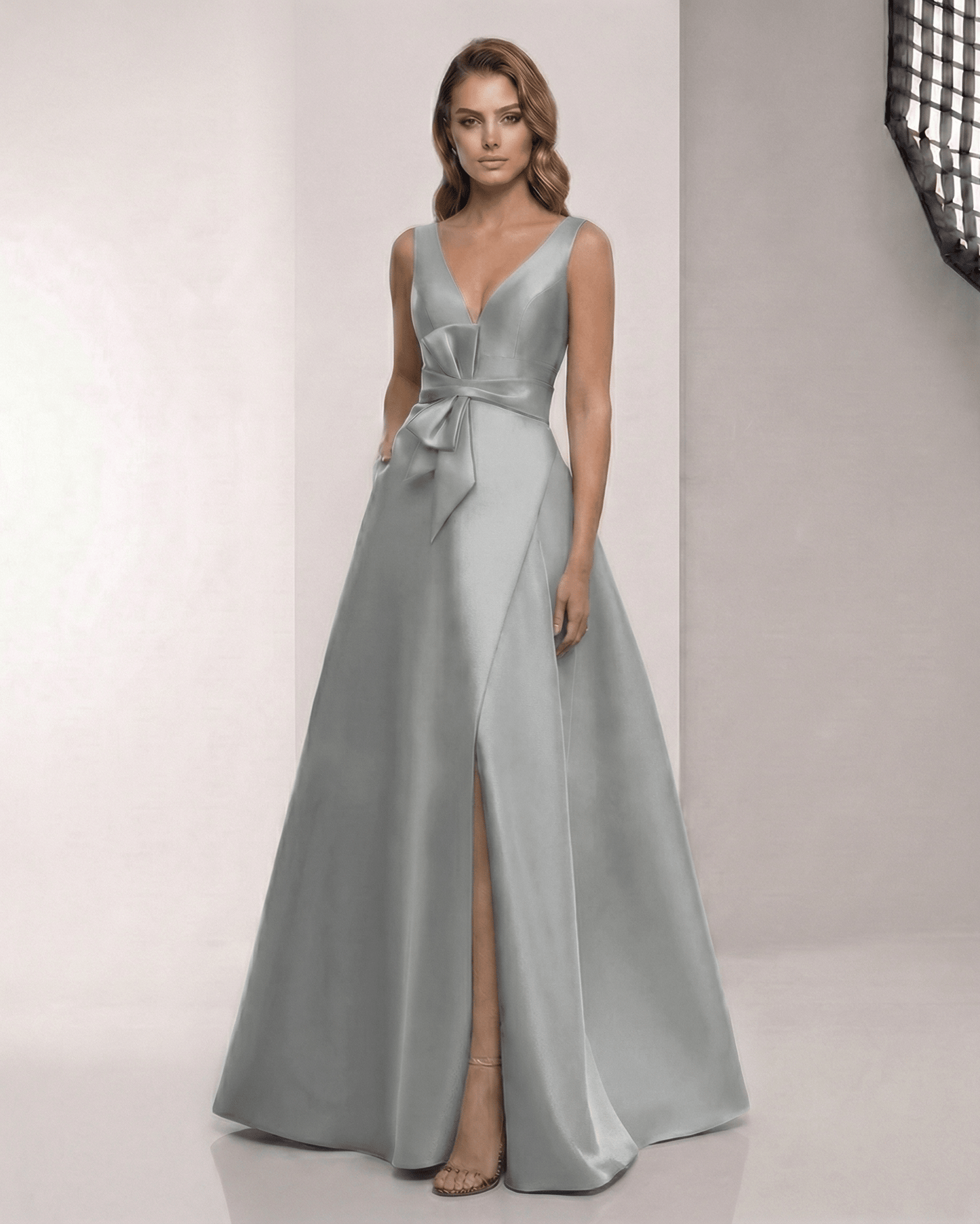 Lunaria Maxi Dress in satin grey sage, featuring V-neck, bow detail, and A-line silhouette by Lauven for a polished look.