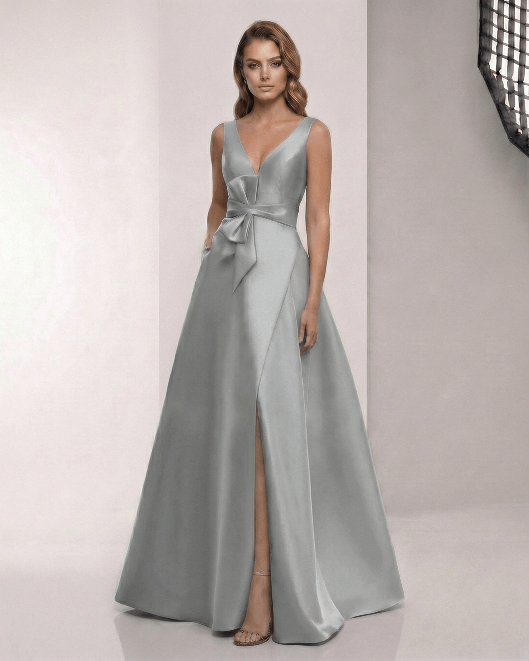 Lunaria Maxi Dress in satin grey sage, featuring V-neck, bow detail, and A-line silhouette by Lauven for a polished look.