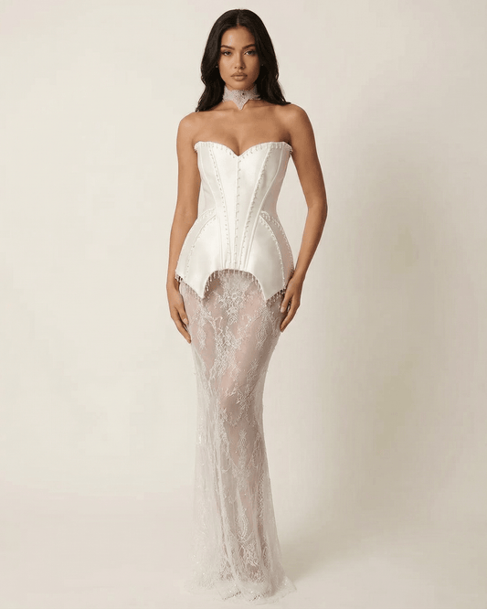 Lunaria Maxi Dress by Lauven, featuring a strapless lace patchwork design and corset-style bodice.