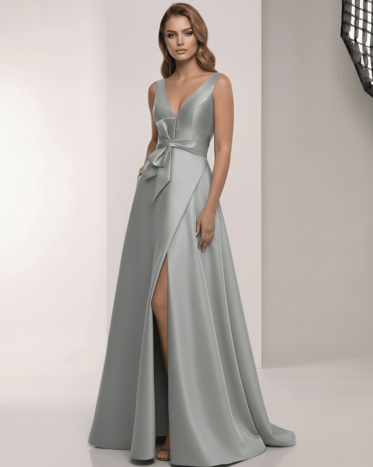 Lunaria Maxi Dress - Satin A-Line Grey Sage Maxi Dress with V-Neck and Bow Detail by Lauven, elegant and refined.