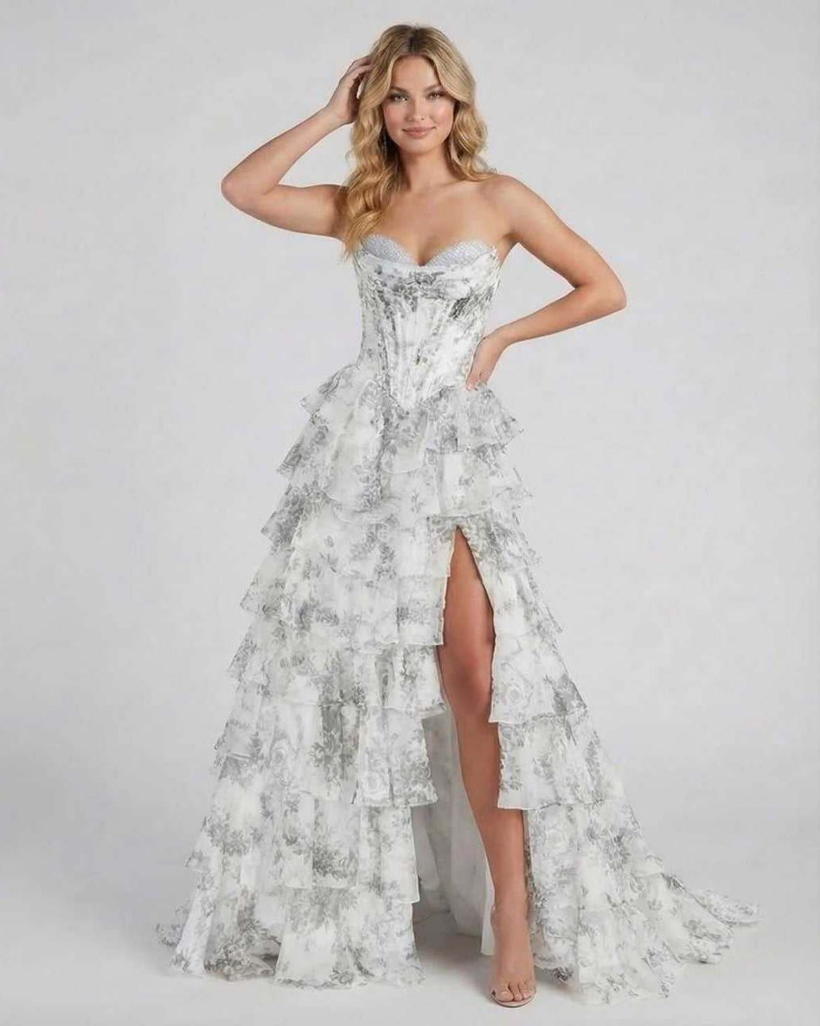 Lunaria Maxi Dress by Lauven - Strapless silver floral tiered chiffon gown with high slit and ruffles.