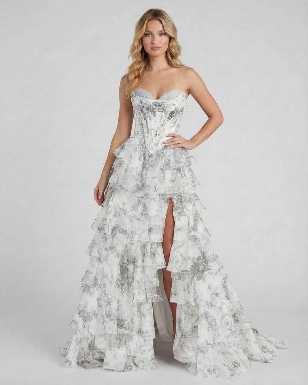 Lunaria Maxi Dress by Lauven - Elegant silver floral tiered chiffon gown with strapless design and high slit.