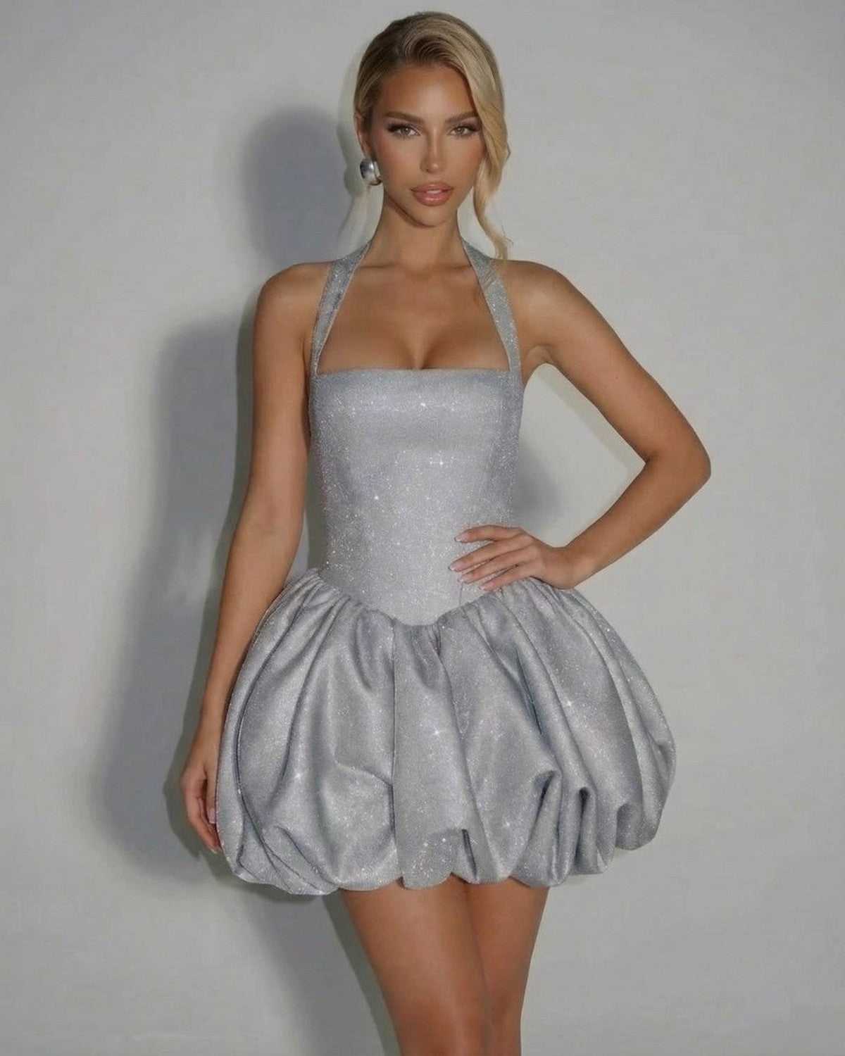Lunaria Mini Dress by Lauven — Silver sequin pouf mini dress with sleeveless design and sculpted silhouette.