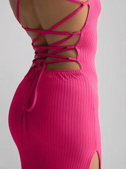 Lush Lace Midi Dress by Lauven featuring strappy lace-up back design and ribbed knit fabric.