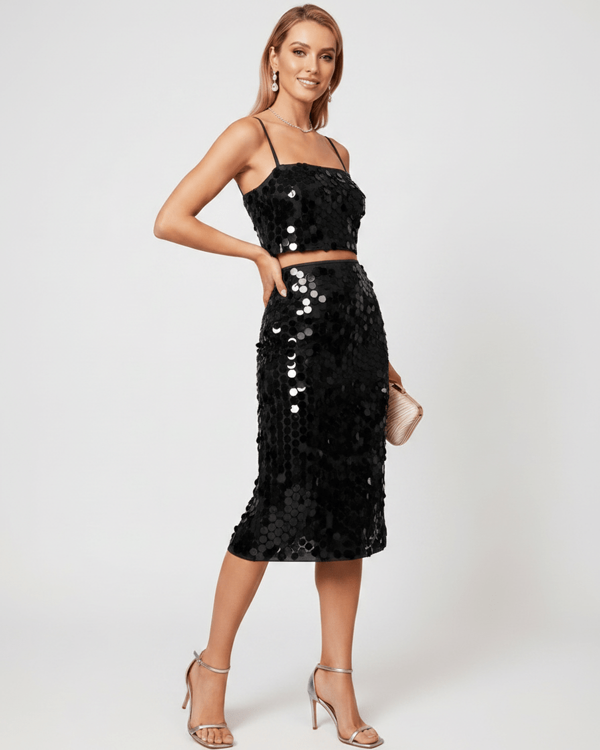 Lustra Sequin Set showcasing high-shine cropped top and midi skirt, reflecting glamour and elegance from Lauven.