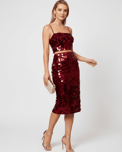 Lustra Sequin Set featuring a high-shine two-piece design with reflective sequins by Lauven, perfect for modern glamour.