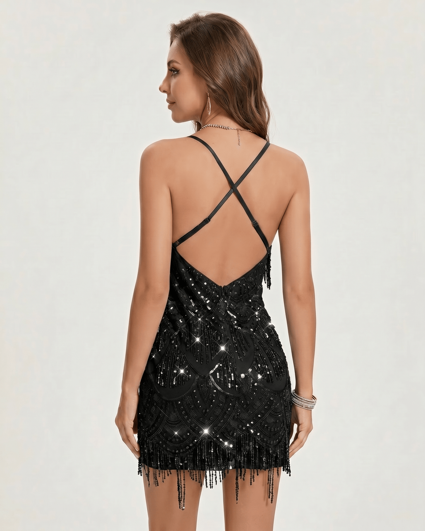 Lustre Mini Dress by Lauven, a sequined mini dress with layered fringe, bodycon silhouette, perfect for evening styling.